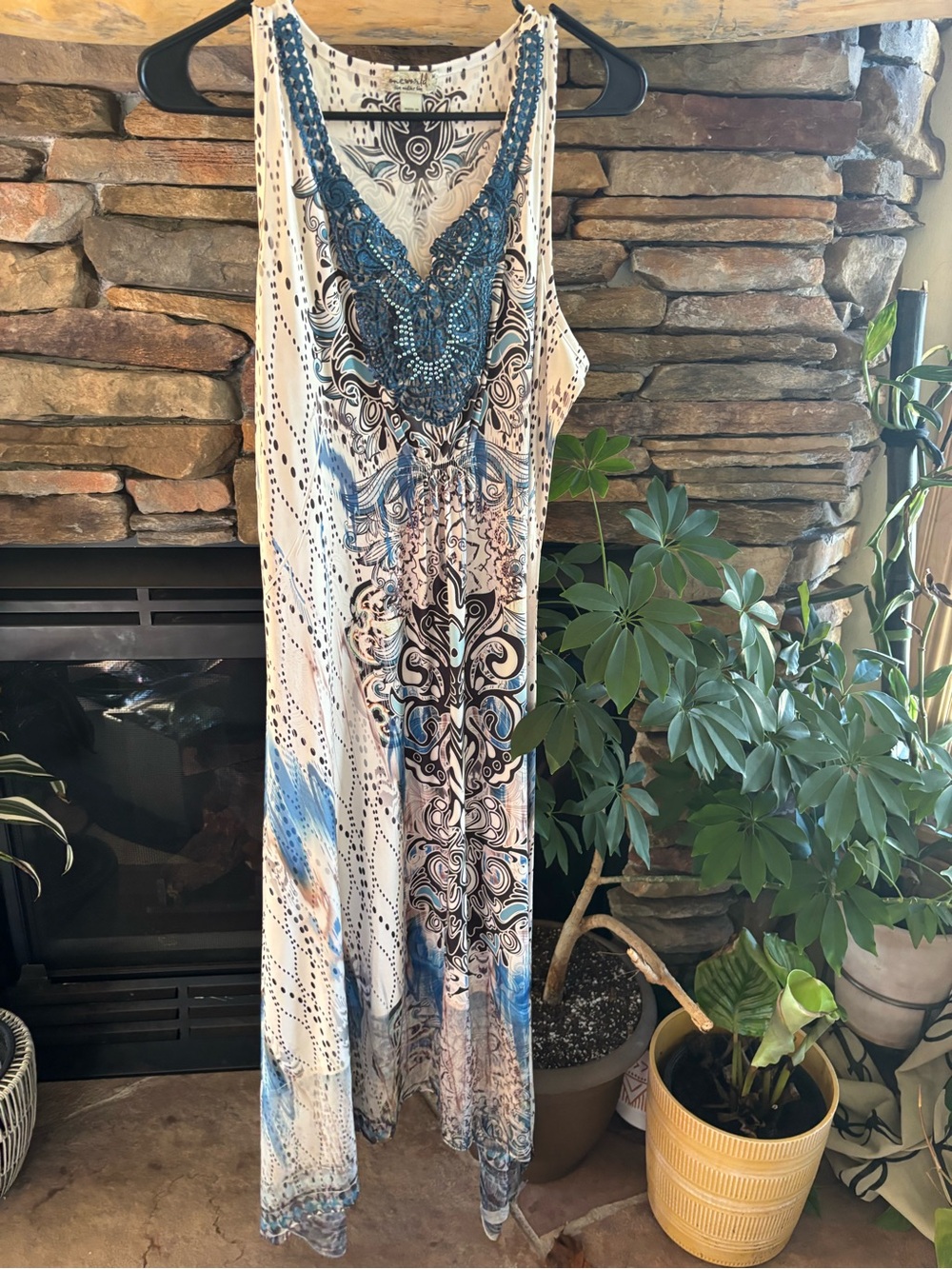 One world medium Sleeveless Beaded V-Neck Maxi Dress in Blue and White